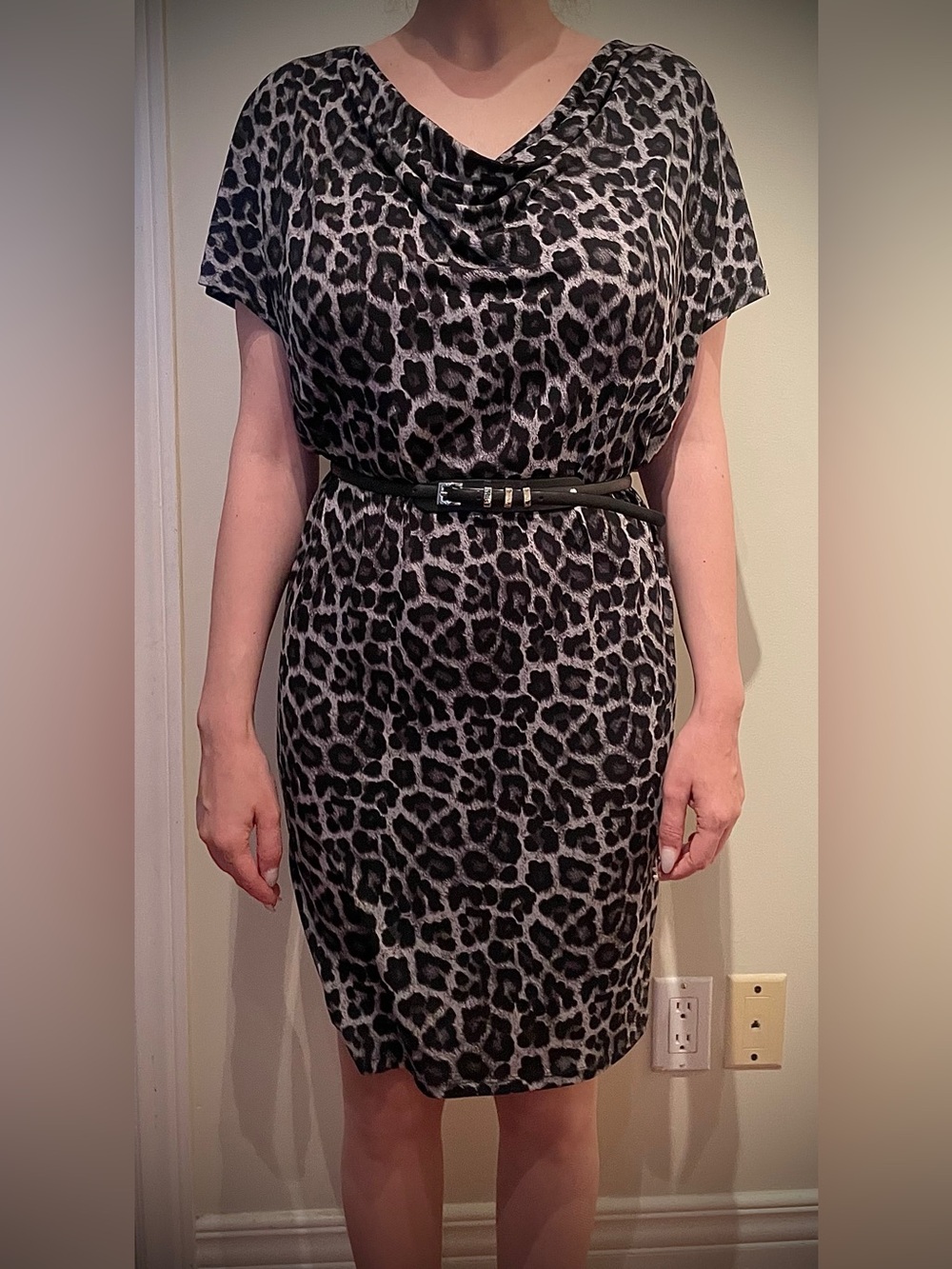 Michael by Michael Kors Black and Gray Leopard Print Cowl-Neck Dress